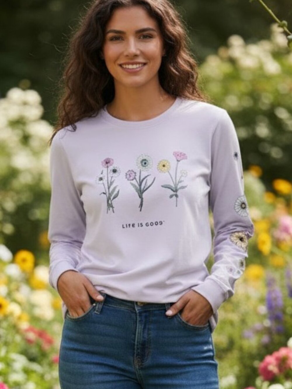 Life is Good W's Botanical Flower Garden Long Sleeve Crusher Crew Tee